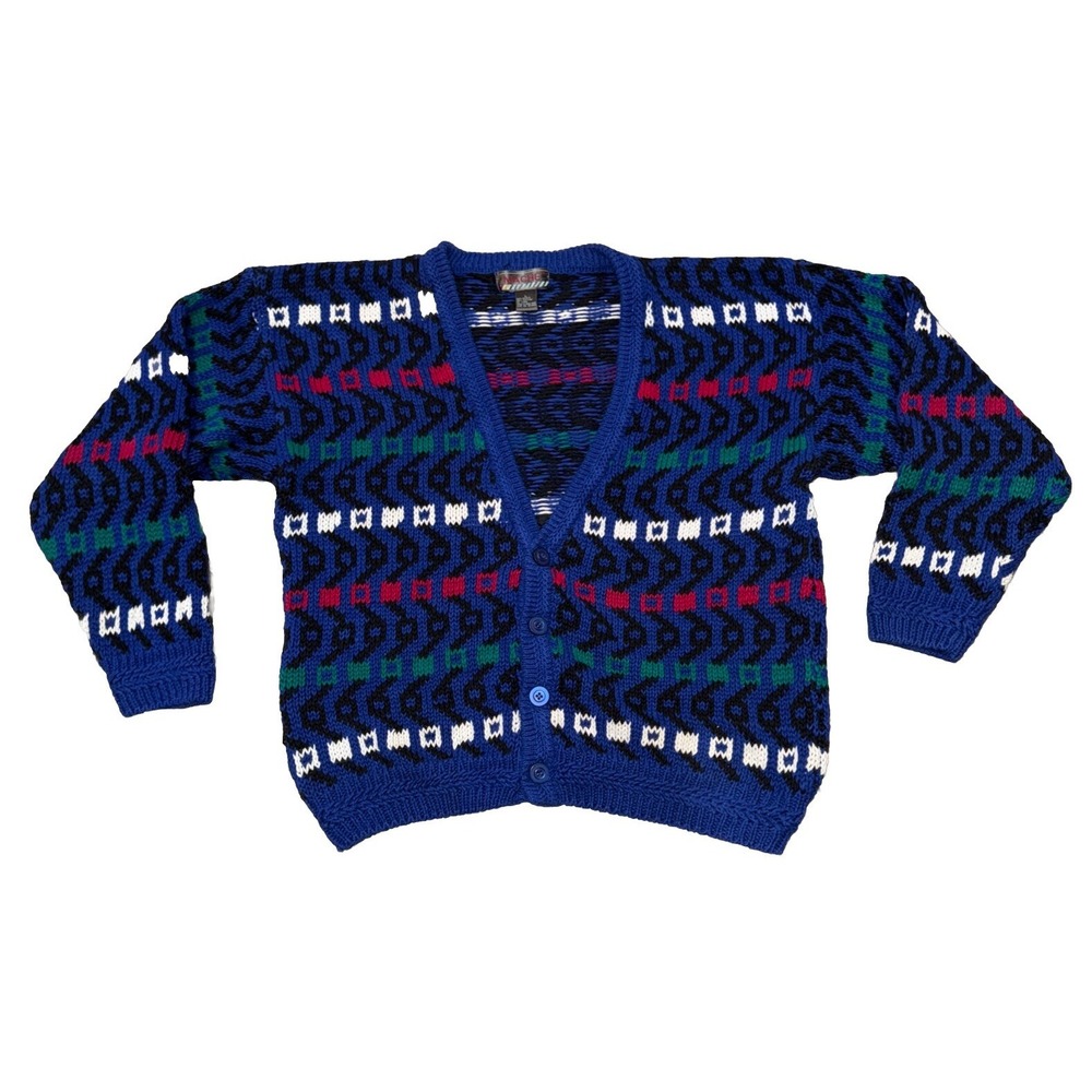 Vintage MACHE Mens Large Cardigan sweater knit Geometric Colorful Thick 90's